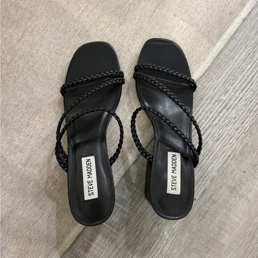 Steve Madden Black Braided Strappy Block Heel Sandals - Picture 3 of 6